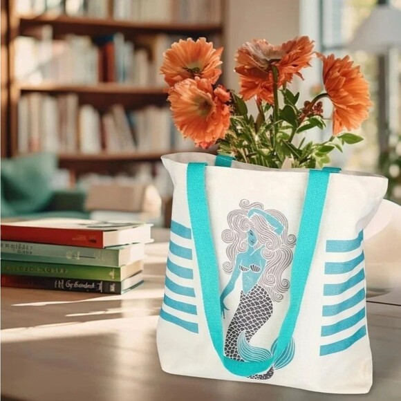 Canvas Tote Bag Mermaid Inside Zipper Top Zipper Mermaid Beach Tote - Picture 3 of 8